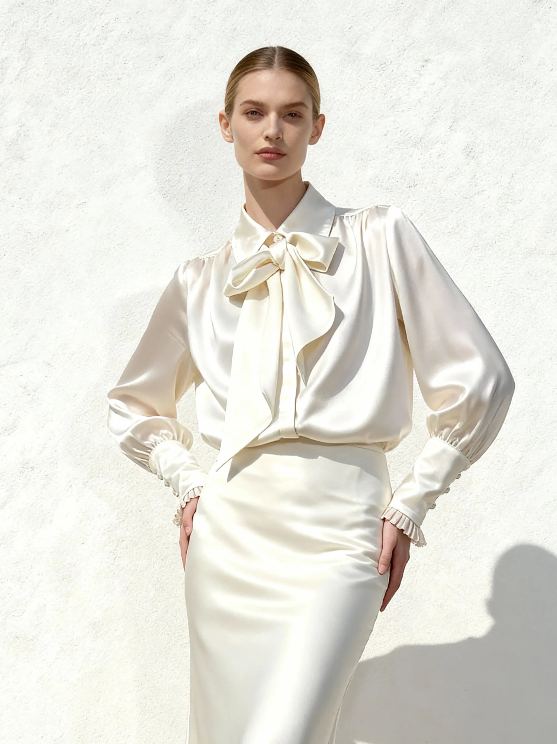 Blouse à manches ballon et lien à nouer – Blanc – Image 2