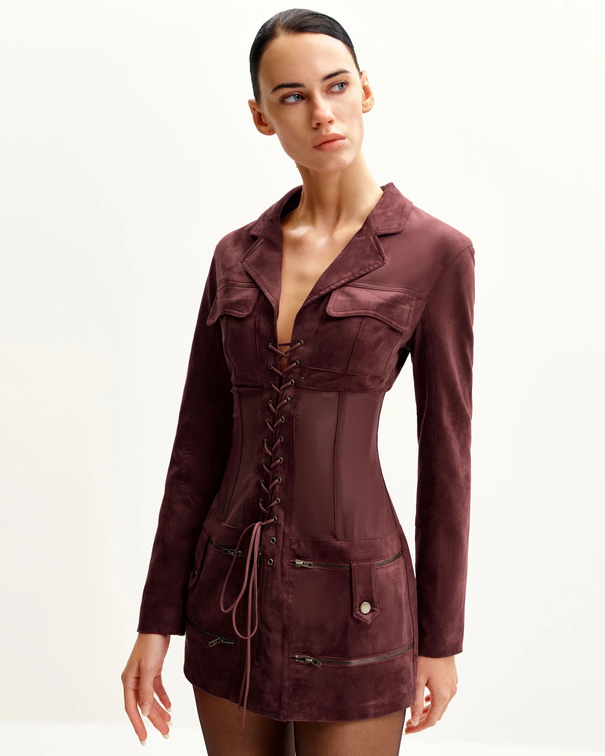 Robe courte avec veste corset en suédine - Bordeaux – Image 3