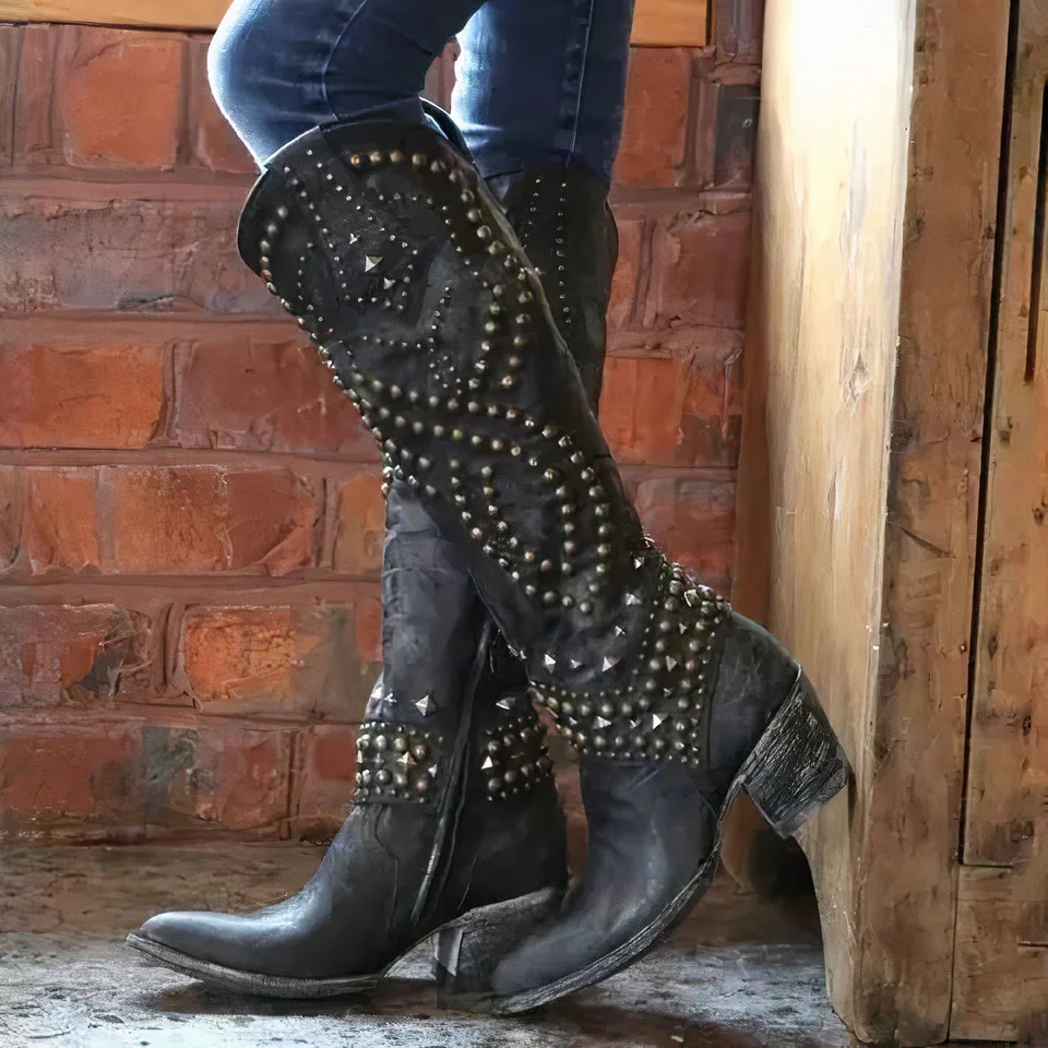 Bottes de Cowboy Cloutées à Talon Épais pour Femmes